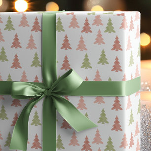 Pastel Roze & Groene Kerstbomen Eenvoudige Feestda Cadeaupapier