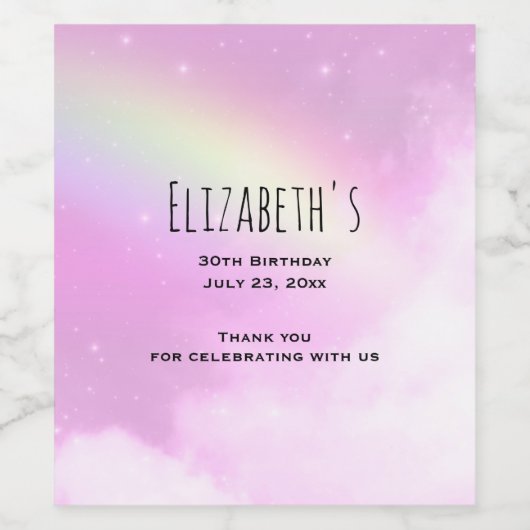 Pastel roze hemel met regenboog partij dank u wijn etiket (Enkel label)