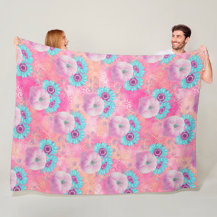 PASTEL ROZE HERFST POMPOENEN & AQUA ZONNEBLOEMEN FLEECE DEKEN