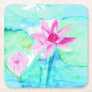 Pastel Roze Lotus Bloemen Waterverf Vierkante Kartonnen Onderzetter