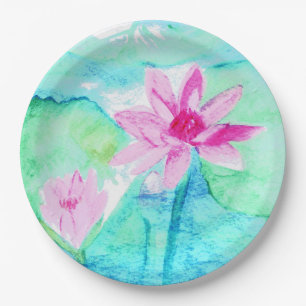 Pastel Roze Lotusbloemen Waterverf Papieren Bordje