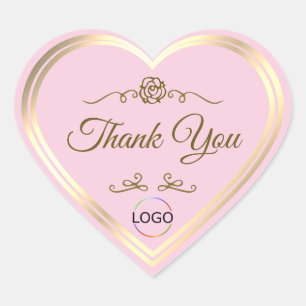 Pastel Roze met Goud Lijst en Logo Dank u Hart Sticker