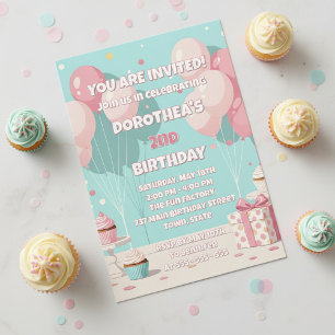 Pastel Roze Mint Ballon Meisjes Tweede Verjaardag Kaart