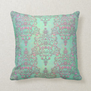 Pastel Roze over Mint Green Floral Damask Kussen