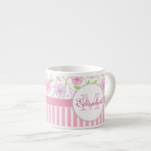 Pastel roze, paarse, bloemen, roze & witte strepen espresso kop