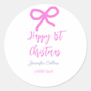 Pastel roze paarse vrolijke 1e Kerstboog naam da Ronde Sticker