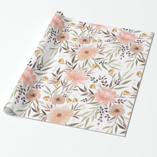 Pastel Roze Perzik Olijf Bloembladeren Patroon Cadeaupapier (Uitgerold)