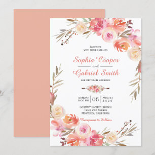 Pastel Roze Perzik Roos Bloemen Huwelijksuitnodigi Kaart