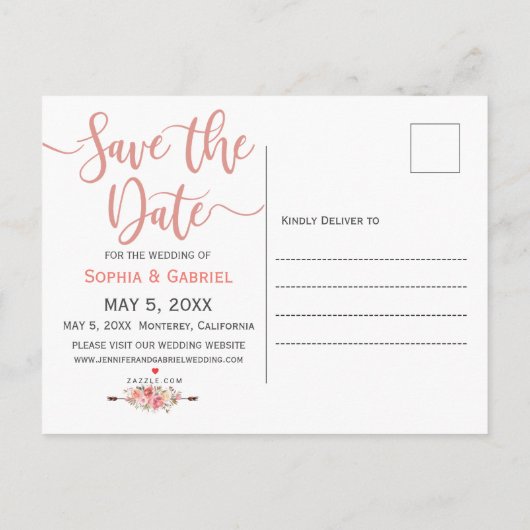 Pastel Roze Perzik Roos Floral Bewaar de datum Aankondigingskaart (Achterkant)