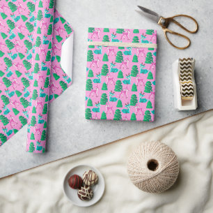 Pastel roze Retro Kerstmis rendieren Cadeaupapier