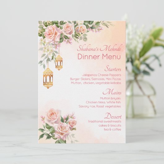 Pastel roze roze roodroos Arabisch lantaarns mehnd Menu (Staand voorkant)