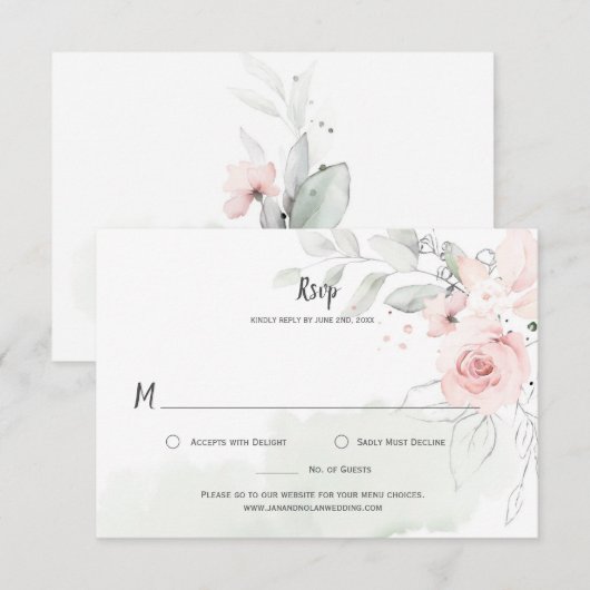 Pastel Roze Rozen Bleekgroene Bladeren Bloemige RS RSVP Kaartje (Voorkant / Achterkant)