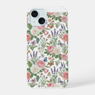 Pastel Roze Rozen en Lavendel Vlinder Vintage F iPhone 15 Hoesje