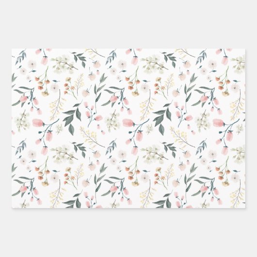 Pastel Roze & Sage Wildflower Waterverf Inpakpapier Vel (Voorkant)