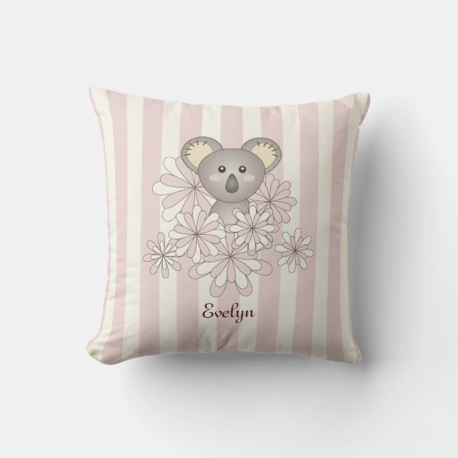 Pastel Roze Streep Schattige Baby Koala Beer Meisj Buitenkussen (Voorkant)