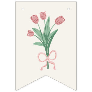 Pastel Roze Strik en Tulp Bloemstuk Aangepaste Vlaggetjes