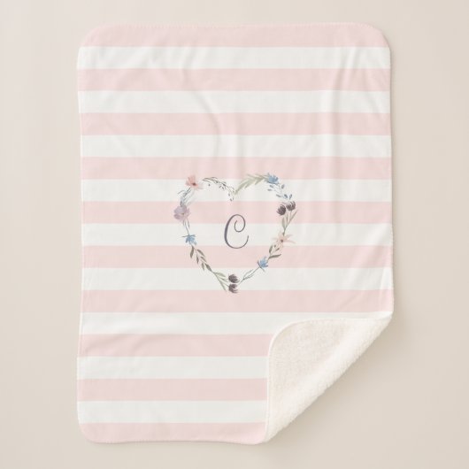 Pastel Roze stripes Floral Heart Monogram Sherpa Deken (Voorkant)