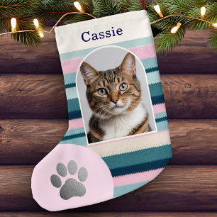 Pastel Roze Teal Huisdier Kat Pootafdruk Aangepast Kleine Kerstsok
