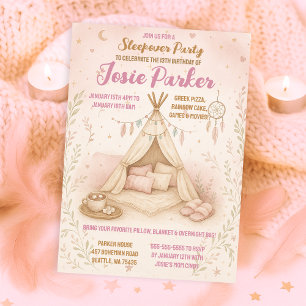 Pastel Roze Tipi Sleepover verjaardagsfeestje Kaart