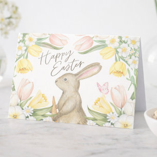 Pastel Roze Tulpen & Gele Narcissen Gelukkig Pasen Kaart