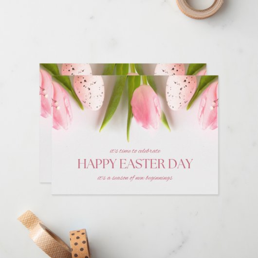 Pastel Roze Tulpen Gelukkige Paasdag Notitiekaartje (Voorkant / Achterkant in situ)