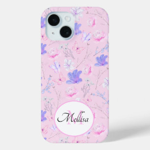 Pastel Roze Waterverf Bloemige Vlinders Monogram