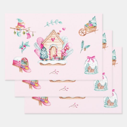 Pastel Roze Waterverf Kerstmis Inpakpapier Vel (Set)