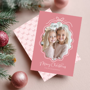 Pastel Roze Wavy Retro Foto Kerst Feestdagenkaart