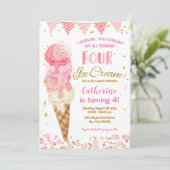 Pastel roze we schreeuwen vier ijsjes 4e verjaarda kaart (Staand voorkant)