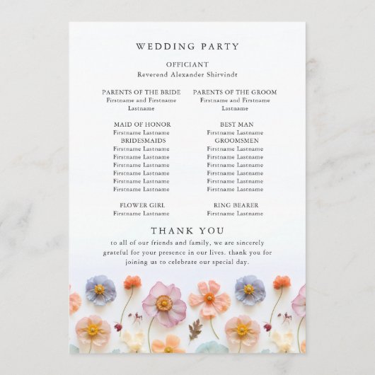 Pastel roze wilde bloemen huwelijksceremonie programma (Achterkant)
