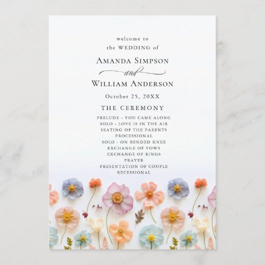 Pastel roze wilde bloemen huwelijksceremonie programma (Voorkant)