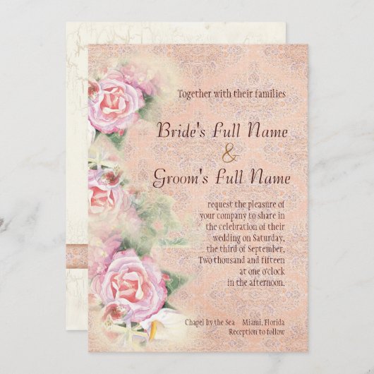 Pastel Rozen & Calla Lilies Bruiloft Uitnodiging (Voorkant / Achterkant)