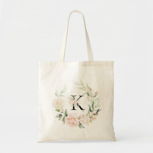 Pastel rozen krans op maat bloemenmonogram tote bag