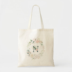 Pastel rozen met florale monogram letter N Tote Bag