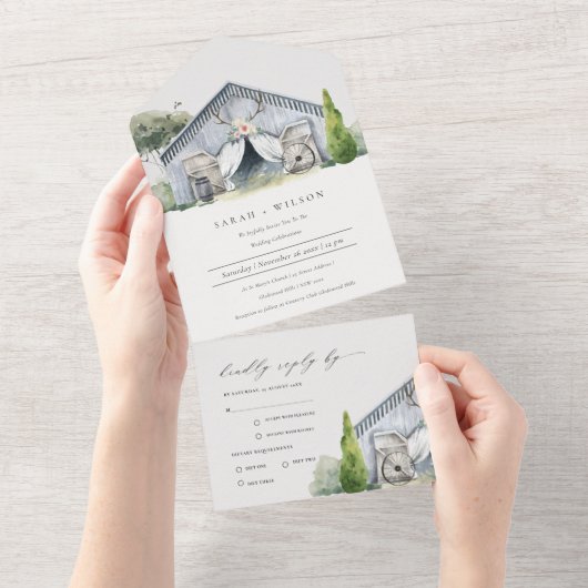 Pastel Rustic Dusky Barnyard Boerderij Theme Wedde All In One Uitnodiging (Afscheurbaar)