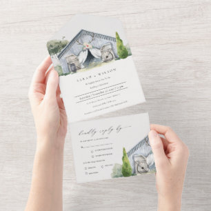 Pastel Rustic Dusky Barnyard Boerderij Theme Wedde All In One Uitnodiging