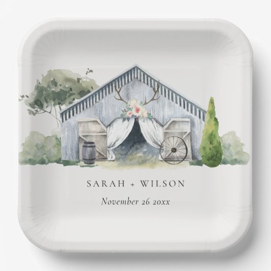 Pastel Rustic Dusky Barnyard Boerderij Theme Wedde Papieren Bordje (Voorkant)