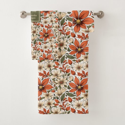 Pastel Sage Autumn Flowers Personalized Bath Towel (En situation)