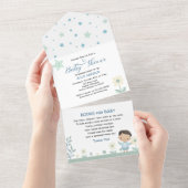 Pastel Sage Groen Schattige Jongen met Sterren & B All In One Uitnodiging (Afscheurbaar)