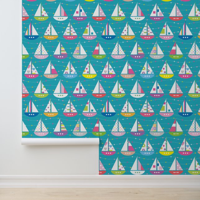 Pastel Sailboat Pattern Behang (Applicatie)