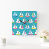 Pastel Sailboat Pattern Vierkante Klok (Huis)