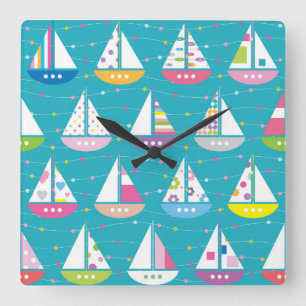 Pastel Sailboat Pattern Vierkante Klok