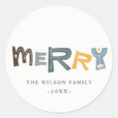 Pastel Scandi Yellow Grey Text Merry Kerstry Ronde Sticker (Voorkant)