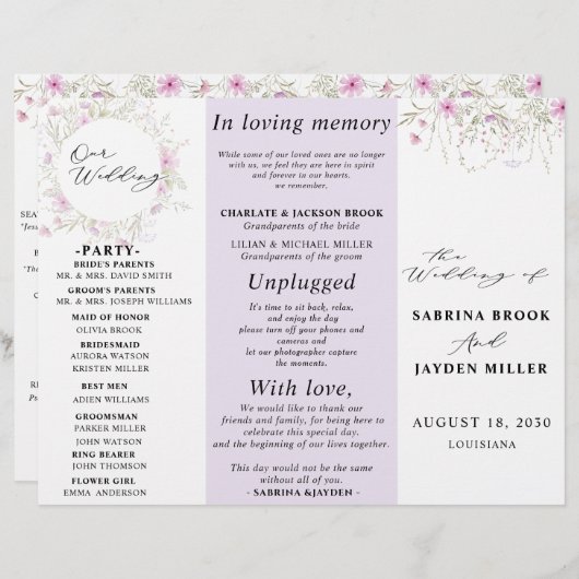 Pastel schaduw roze wilde bloemen bruiloft program (Voorkant / Achterkant)