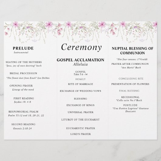 Pastel schaduw roze wilde bloemen bruiloft program (Achterkant)