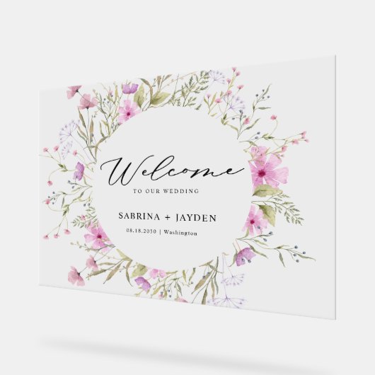 Pastel schaduw roze wilde bloemen bruiloft welkom acryl bord (Hoek)