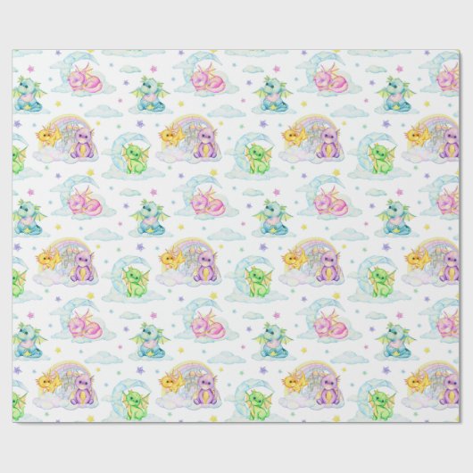 Pastel Schattigee draken en regenbogen Cadeaupapier (Vlak)