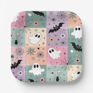 Pastel Schattigee Halloween Spooky Ghost Geruit Papieren Bordje