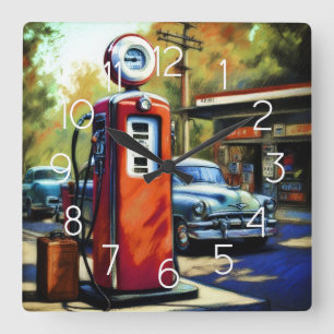 Pastel schets vintage benzinestation auto's vierkante klok