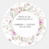 Pastel Shade Blush Roze Wild Bloemen Bruiloft Ronde Sticker (Voorkant)